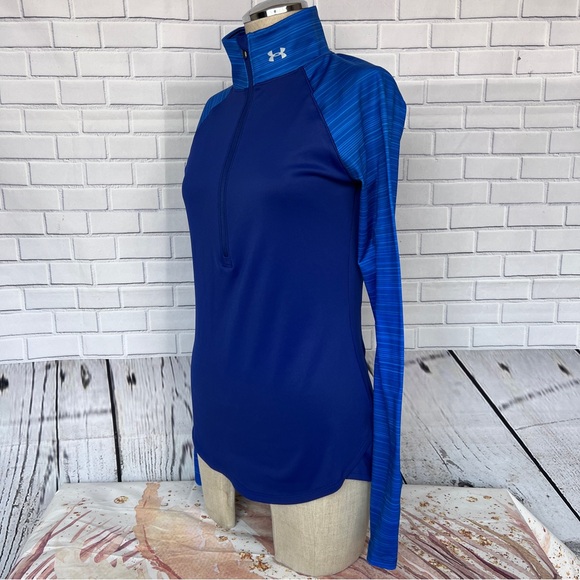 Under Armour Fitted Cold Gear 1/4 Zip Activewear Shirt Blue With Black Medium - Picture 6 of 10